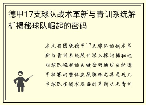 德甲17支球队战术革新与青训系统解析揭秘球队崛起的密码