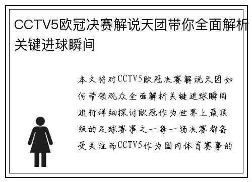 CCTV5欧冠决赛解说天团带你全面解析关键进球瞬间