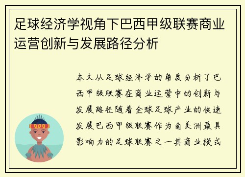 足球经济学视角下巴西甲级联赛商业运营创新与发展路径分析
